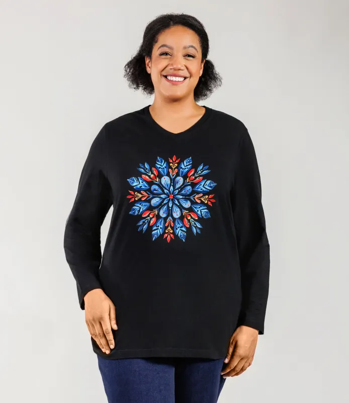 Designer Graphic Long Sleeve V-Neck Top Scandi Snowflake sold by JunoActive