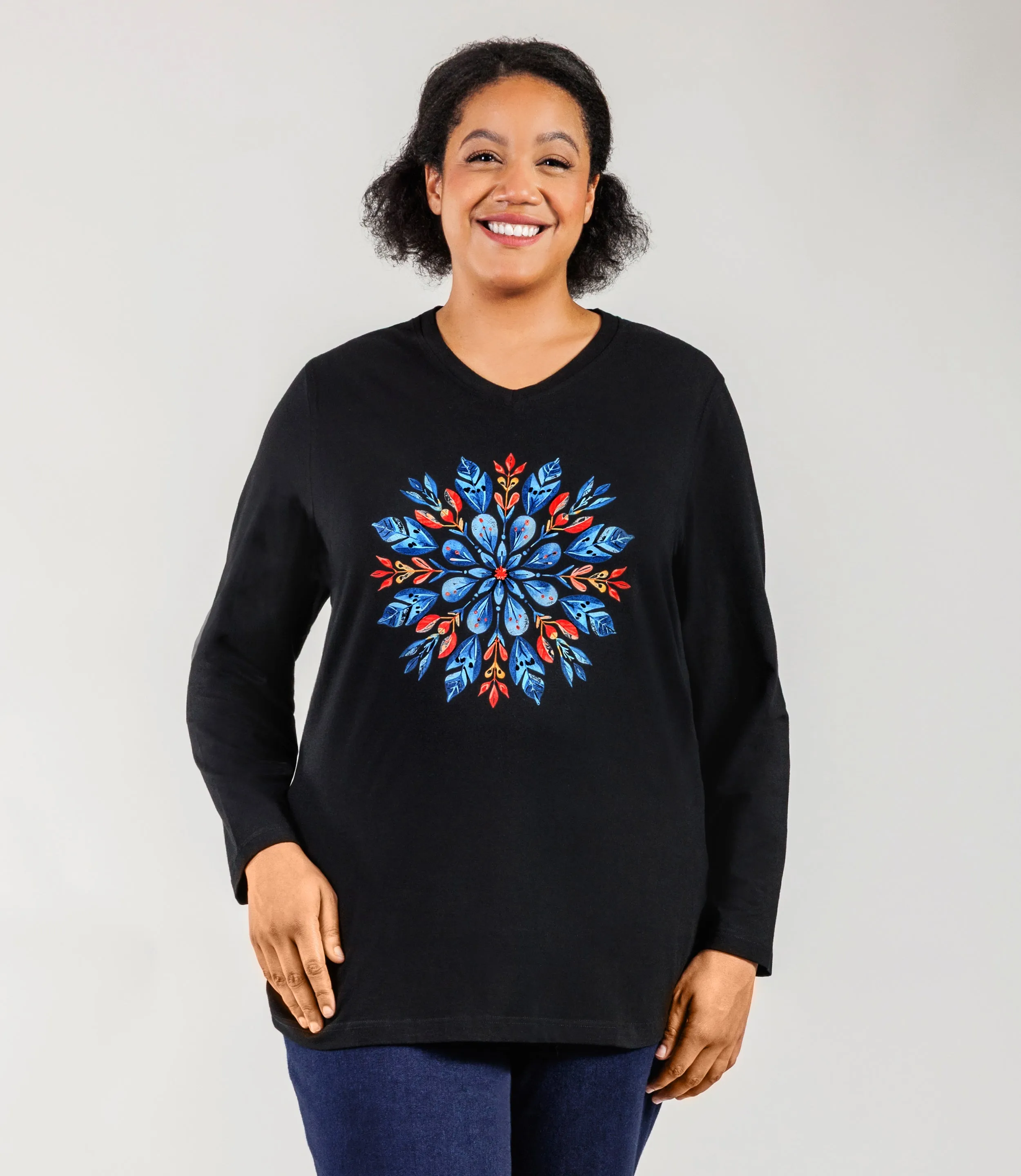 Designer Graphic Long Sleeve V-Neck Top Scandi Snowflake sold by JunoActive