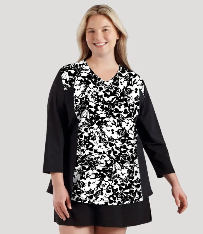 QuikEnergy Lite Swim and Beach 3/4 Sleeve Top Hibiscus Black - FINAL SALE made by JunoActive