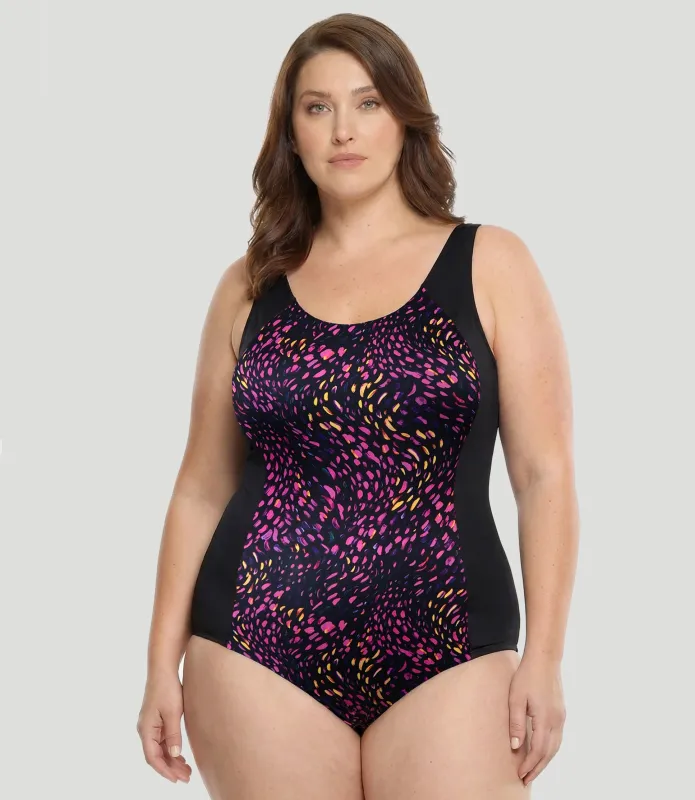 AquaSport Princess Seam Tanksuit Sunkiss Coral Print Black sold by JunoActive