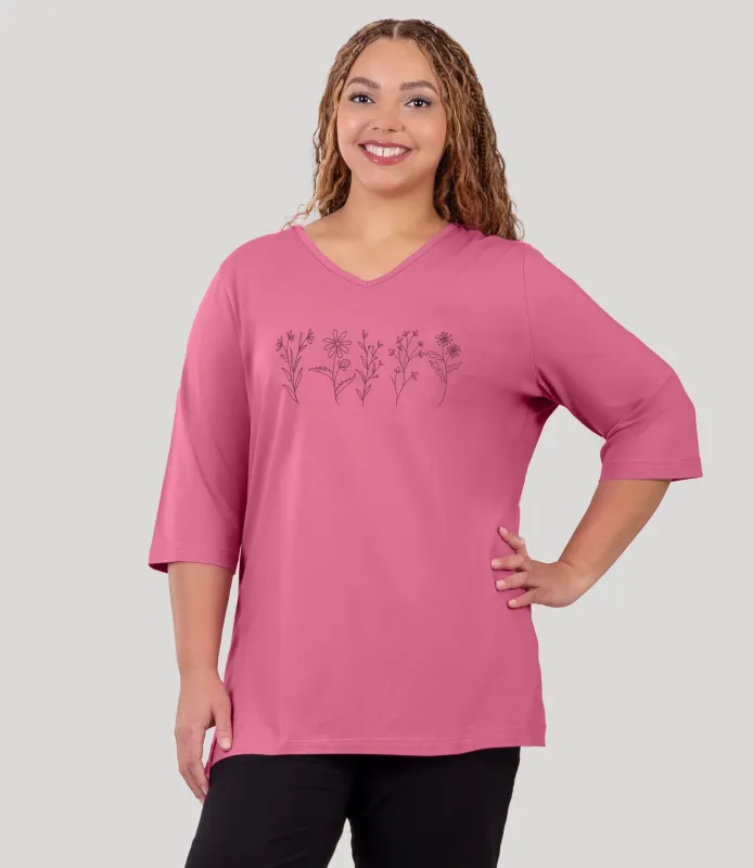 Designer Graphic 3/4 Sleeve V-Neck Tunic Flowers made by JunoActive