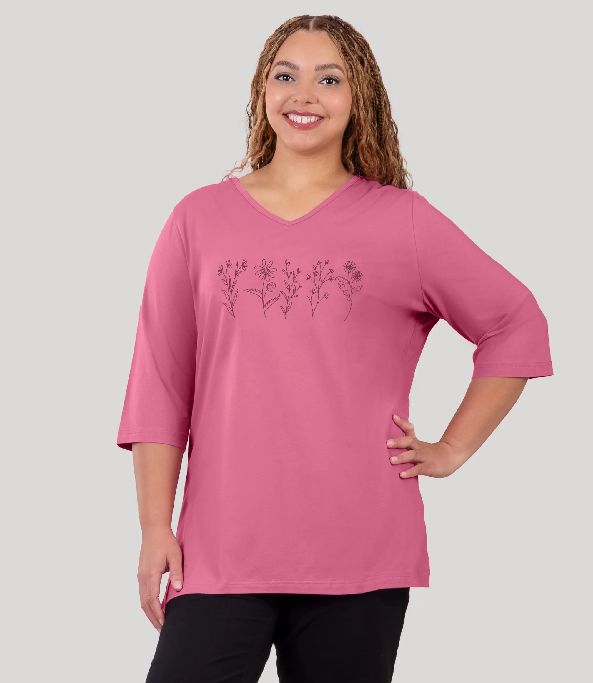 Designer Graphic 3/4 Sleeve V-Neck Tunic Flowers sold by JunoActive