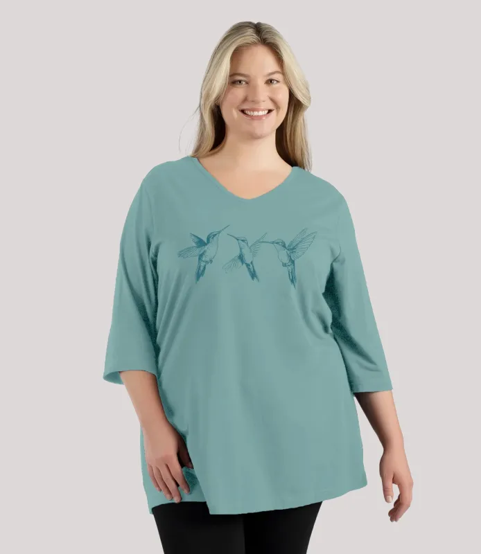 Designer Graphic 3/4 Sleeve V-Neck Tunic Hummingbirds made by JunoActive