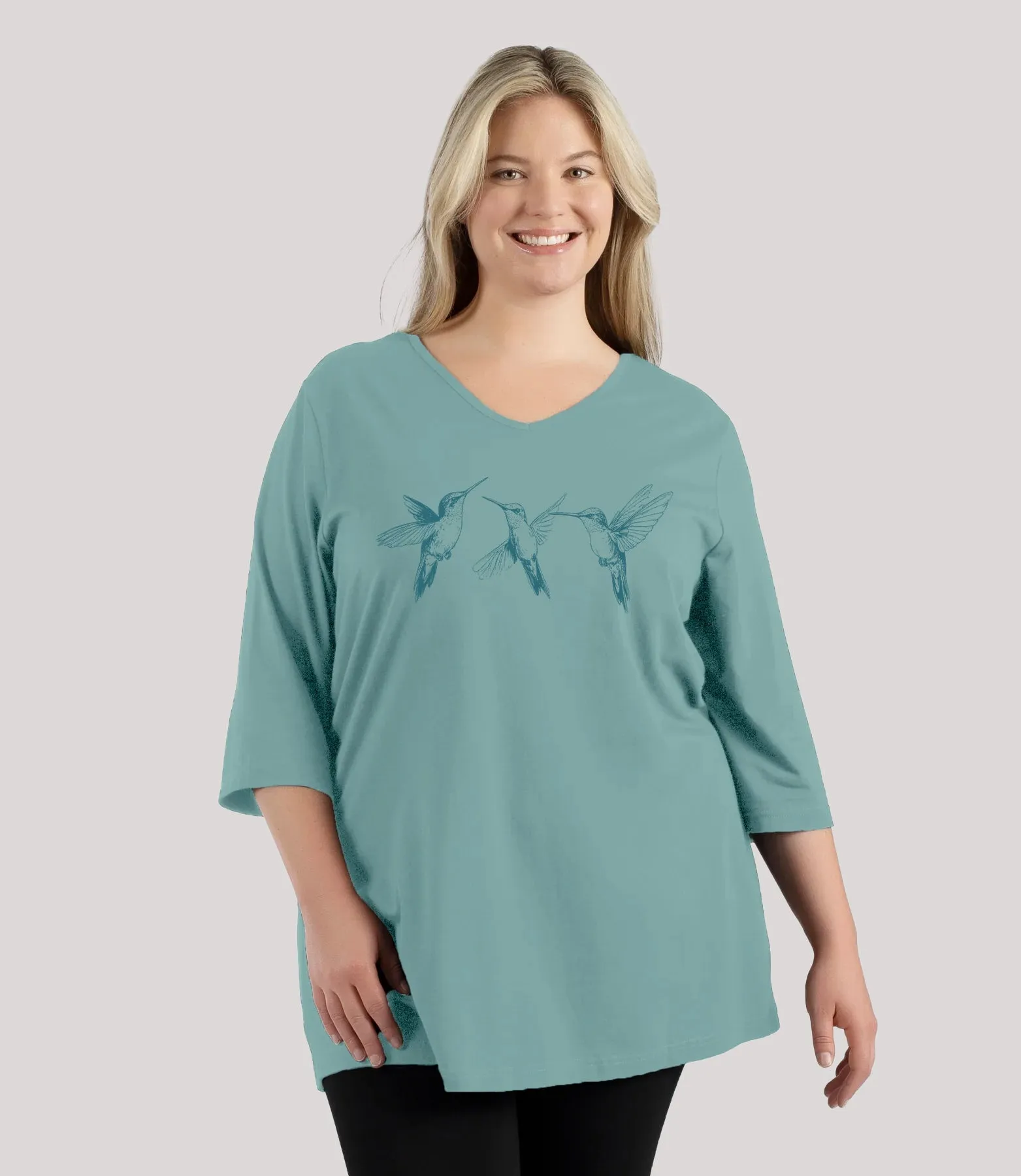 Designer Graphic 3/4 Sleeve V-Neck Tunic Hummingbirds sold by JunoActive