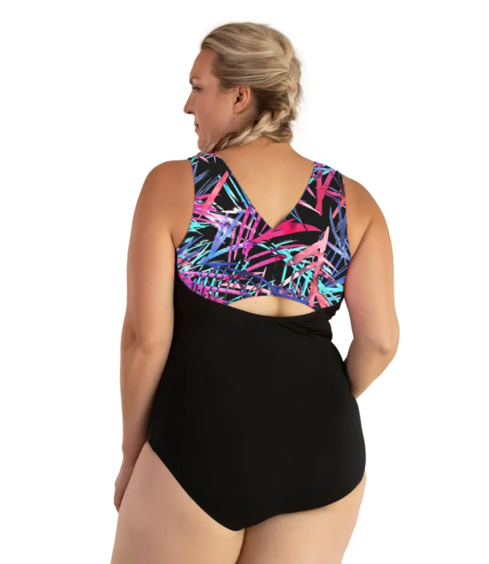 AquaSport Crossback Tanksuit Sunset Palm Print Black - FINAL SALE sold by JunoActive
