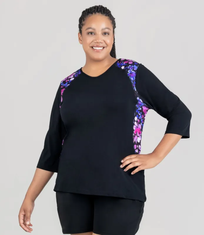 AquaSport 3/4 Sleeve Rash Guard Floral Elegance Print Black sold by JunoActive