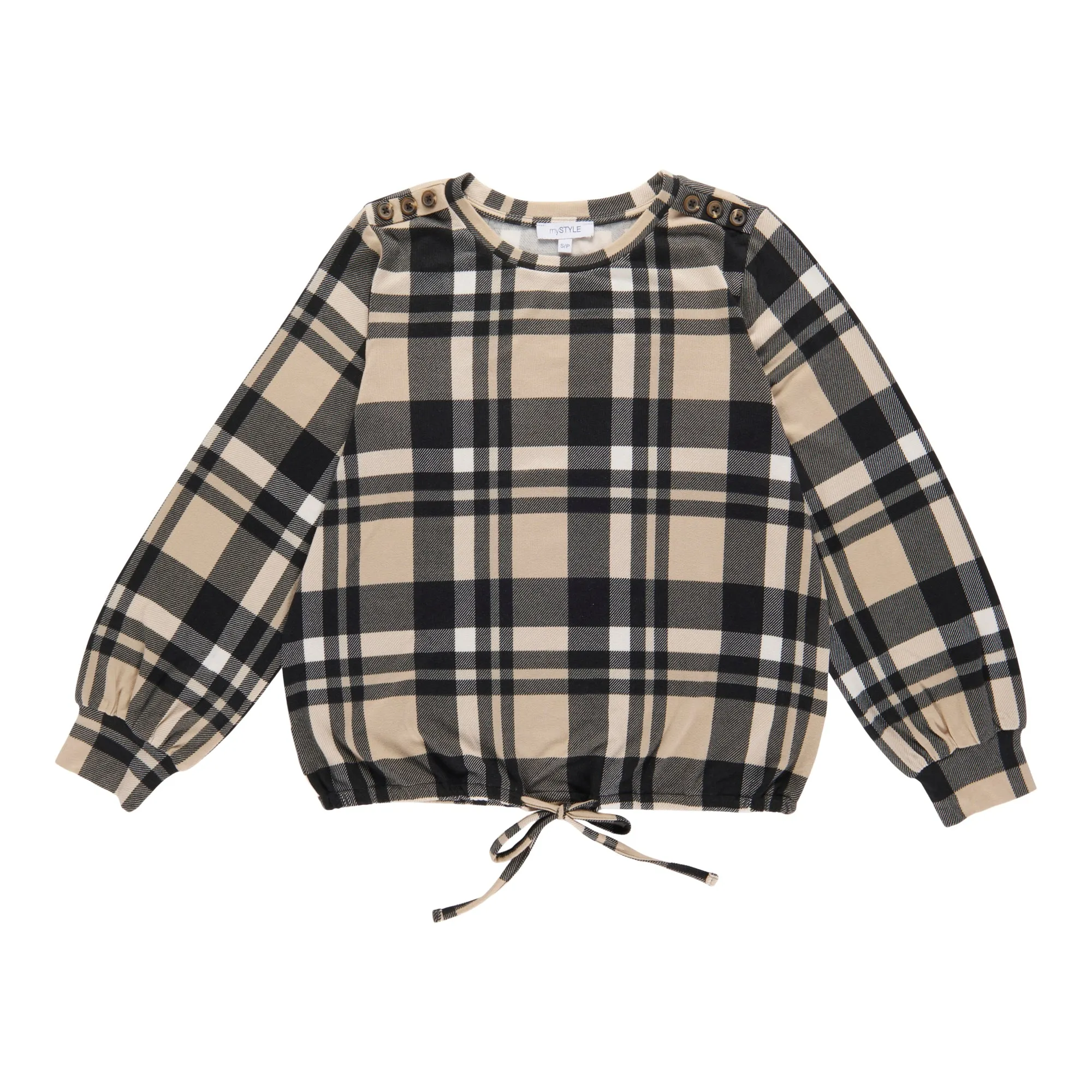 mySTYLE Women's Long Sleeve Plaid Tie Front Hacci Top sold by Giant Tiger