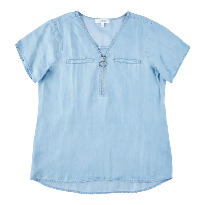 mySTYLE Women's Street Smart Short Sleeve Denim Shirt with 1/4 Zip Detail sold by Giant Tiger