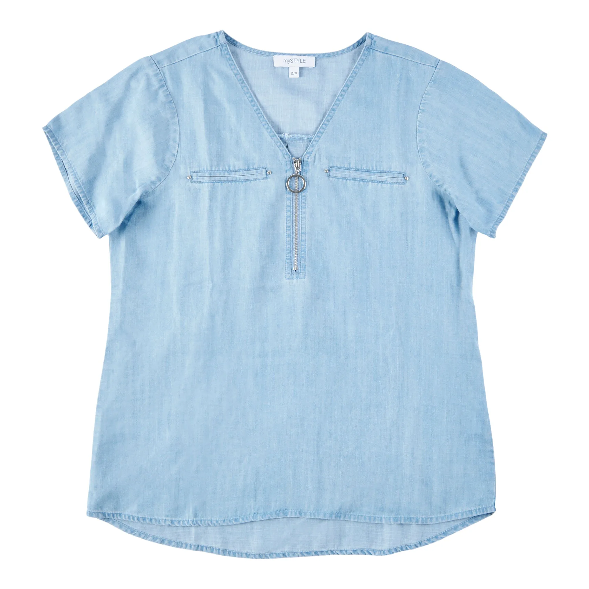 mySTYLE Women's Street Smart Short Sleeve Denim Shirt with 1/4 Zip Detail sold by Giant Tiger