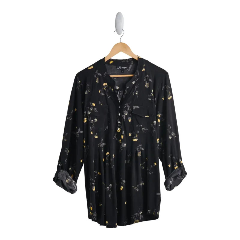 lily morgan Women's Plus Printed 3/4 Sleeve Round Neck Pintuck Top with 1/4 Button Placket sold by Giant Tiger