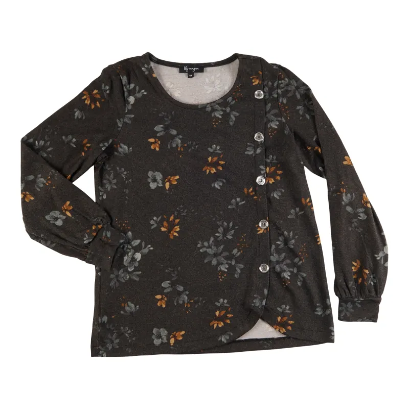 lily morgan Women's  Modern Chic Long Sleeve Printed Top with Side Button Detailing, Black Floral sold by Giant Tiger