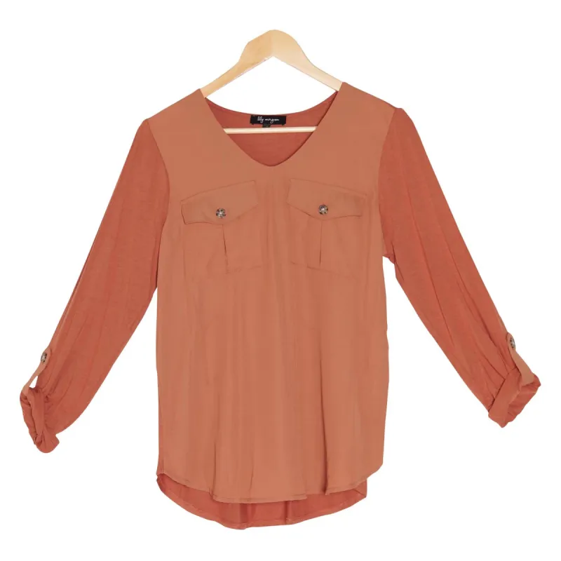 lily morgan Women's Long Sleeve V-Neck Blouse with Knit Back sold by Giant Tiger