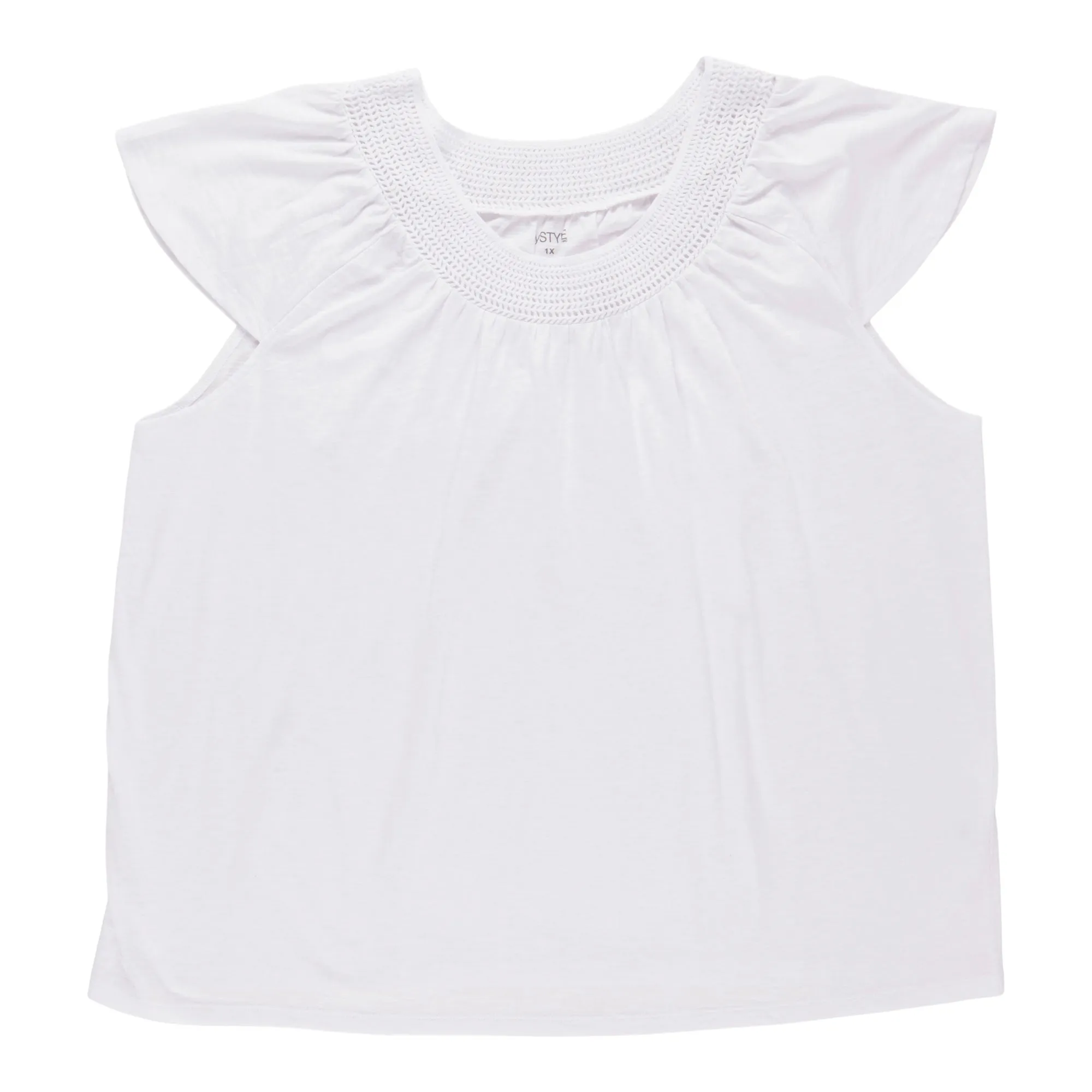 mySTYLE Women's Plus Mykonos Crochet Neck Slub Tee sold by Giant Tiger