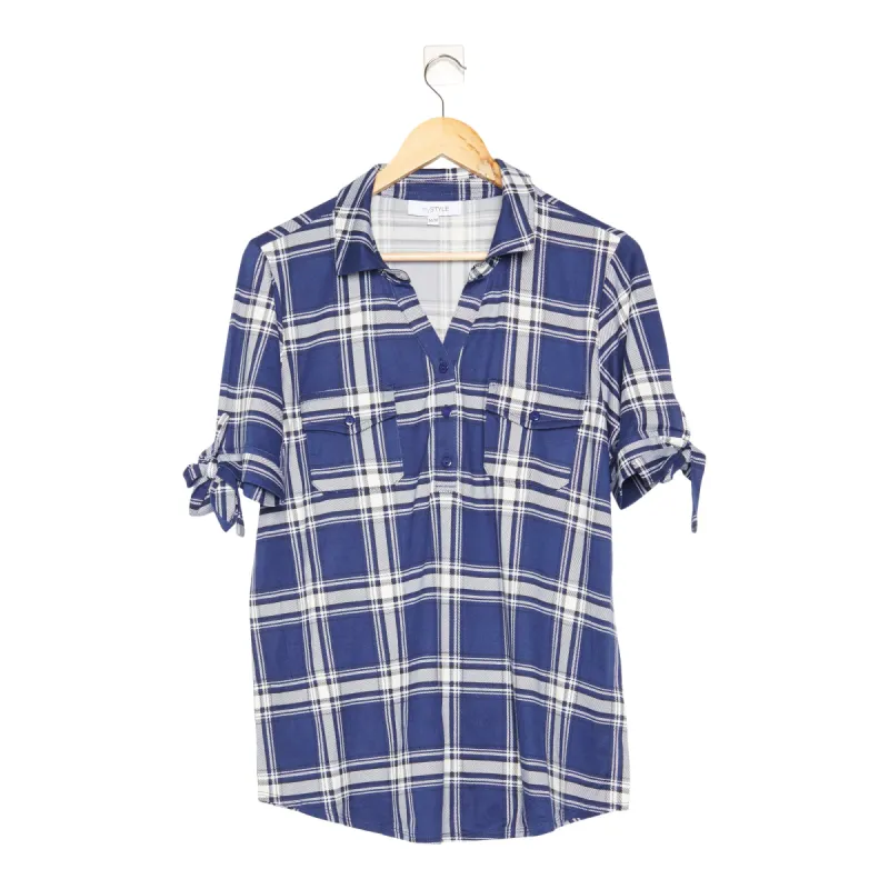 mySTYLE Women's Cool Comfort Tie Sleeve Plaid Top, Blue sold by Giant Tiger