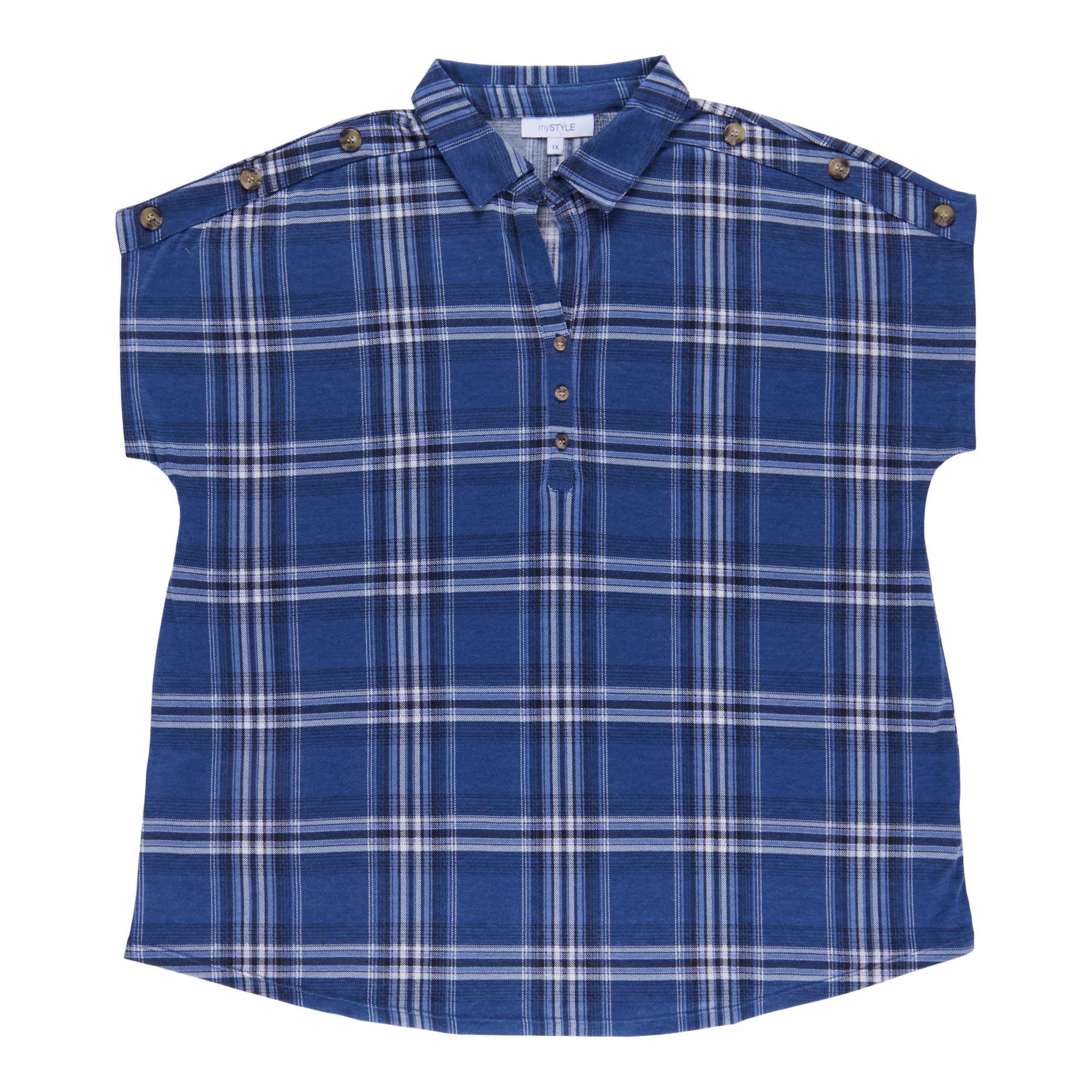 mySTYLE Women's Plus Plaid V-Neck Short Sleeve Button Blouse sold by Giant Tiger