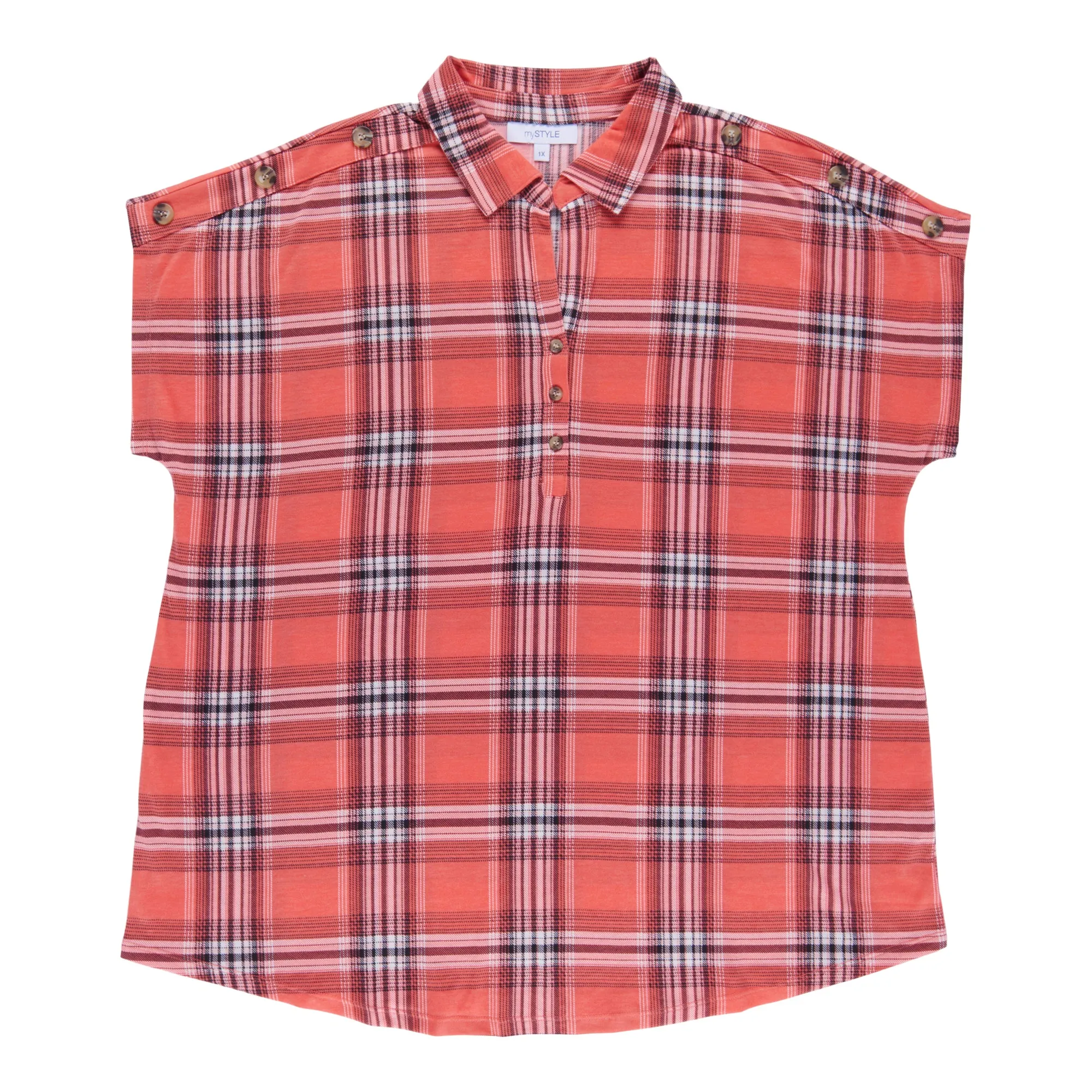 mySTYLE Women's Plus Plaid V-Neck Short Sleeve Button Blouse sold by Giant Tiger product image thumbnail 2