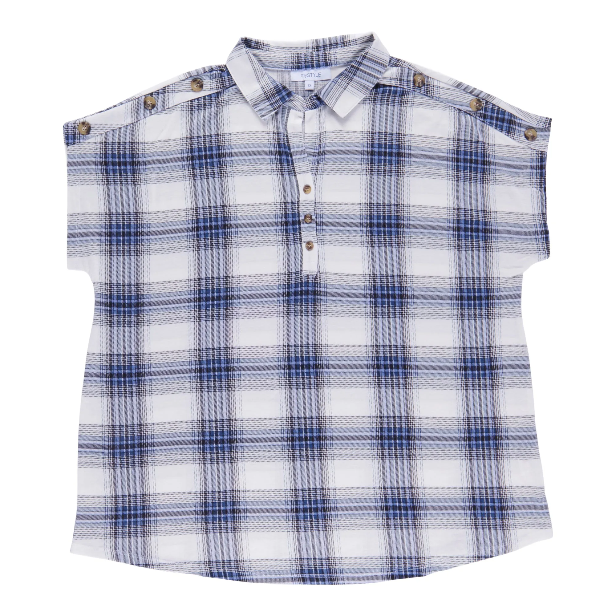 mySTYLE Women's Plus Plaid V-Neck Short Sleeve Button Blouse sold by Giant Tiger product image thumbnail 4