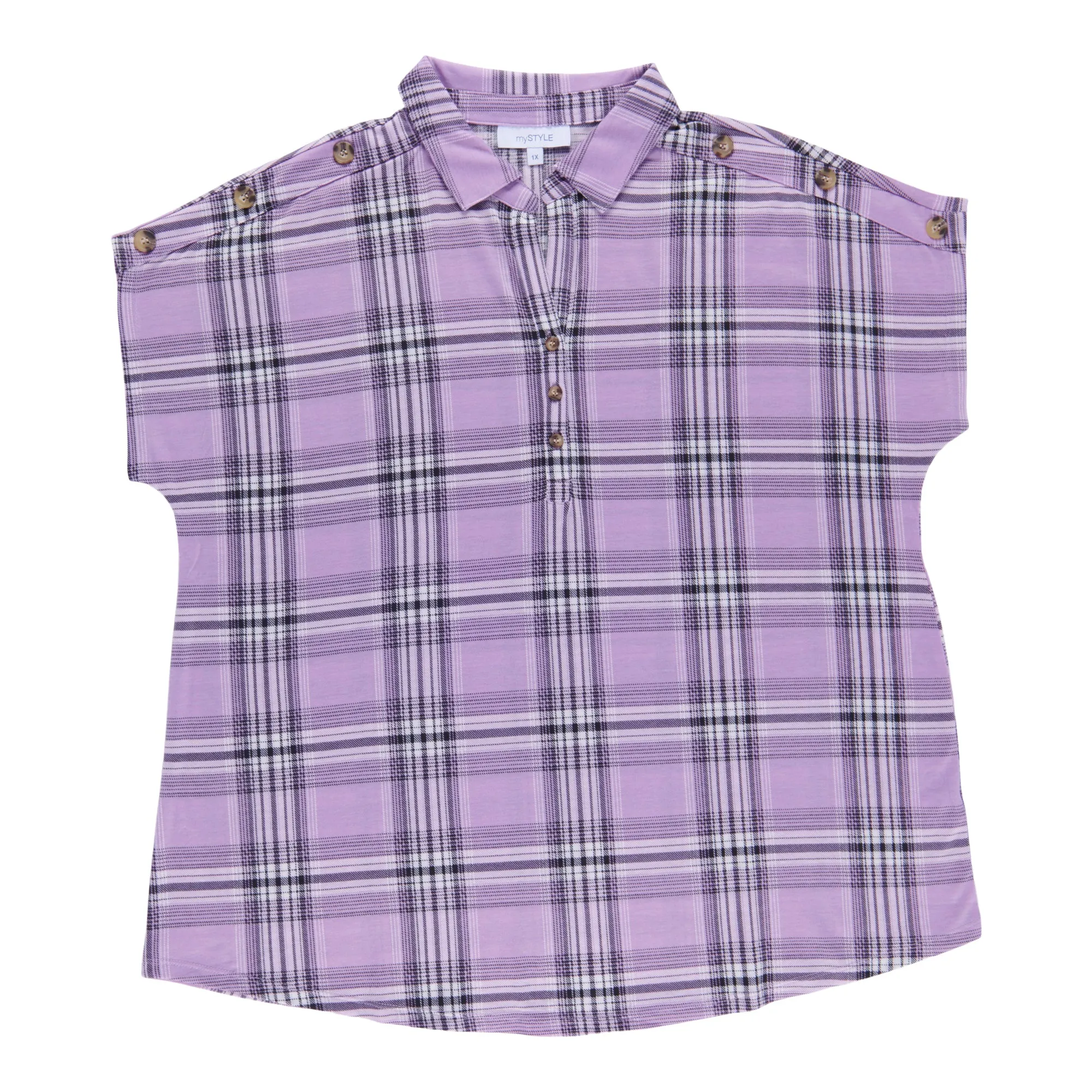 mySTYLE Women's Plus Plaid V-Neck Short Sleeve Button Blouse sold by Giant Tiger product image thumbnail 3