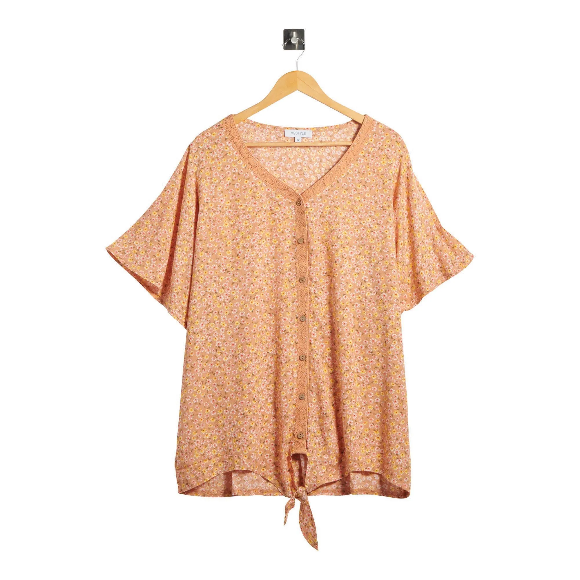 mySTYLE Women's Plus Printed Short Sleeve Button Up V-Neck with Tie Front sold by Giant Tiger product image thumbnail 2