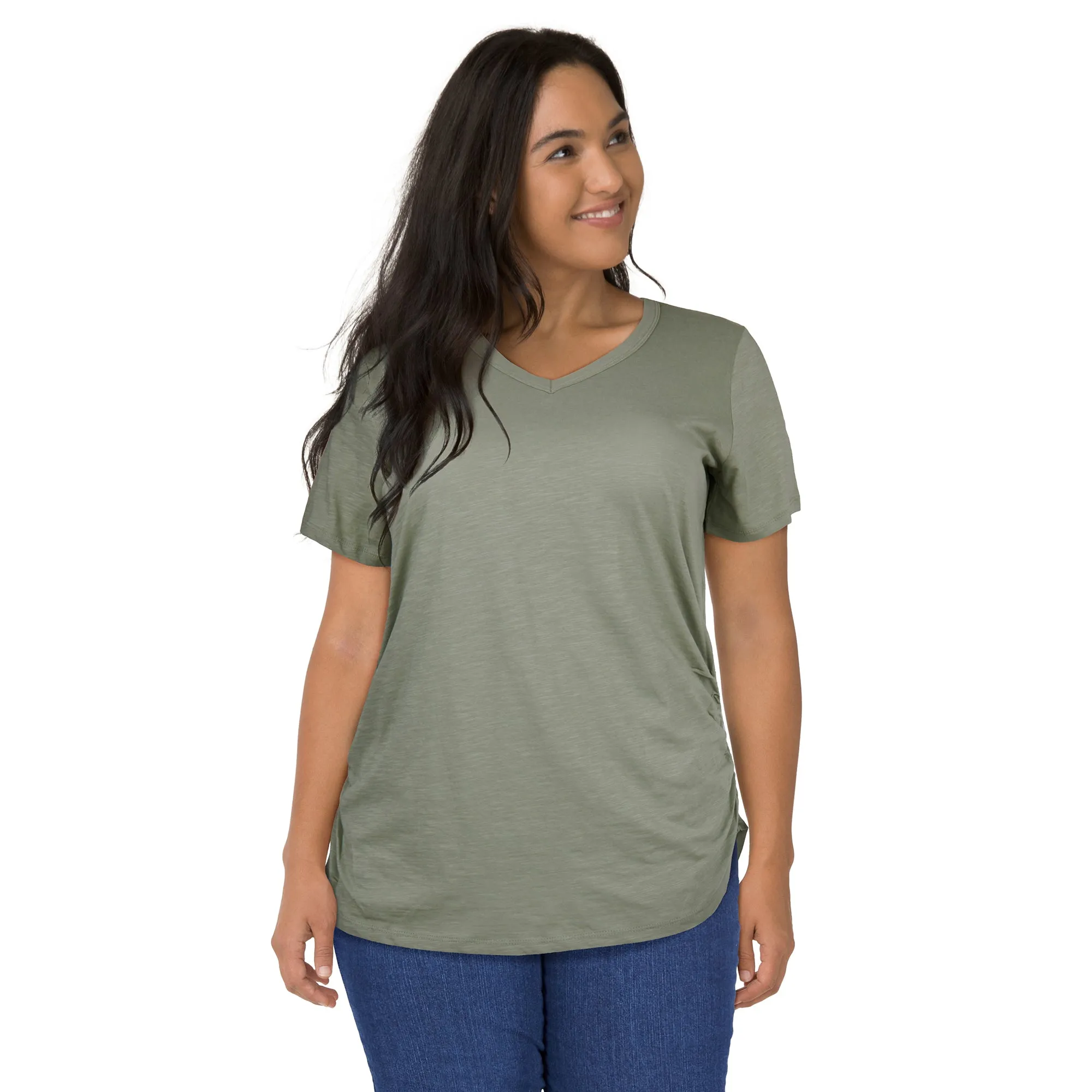 mySTYLE Women's Plus Festival Ruched Side V-Neck T-Shirt sold by Giant Tiger