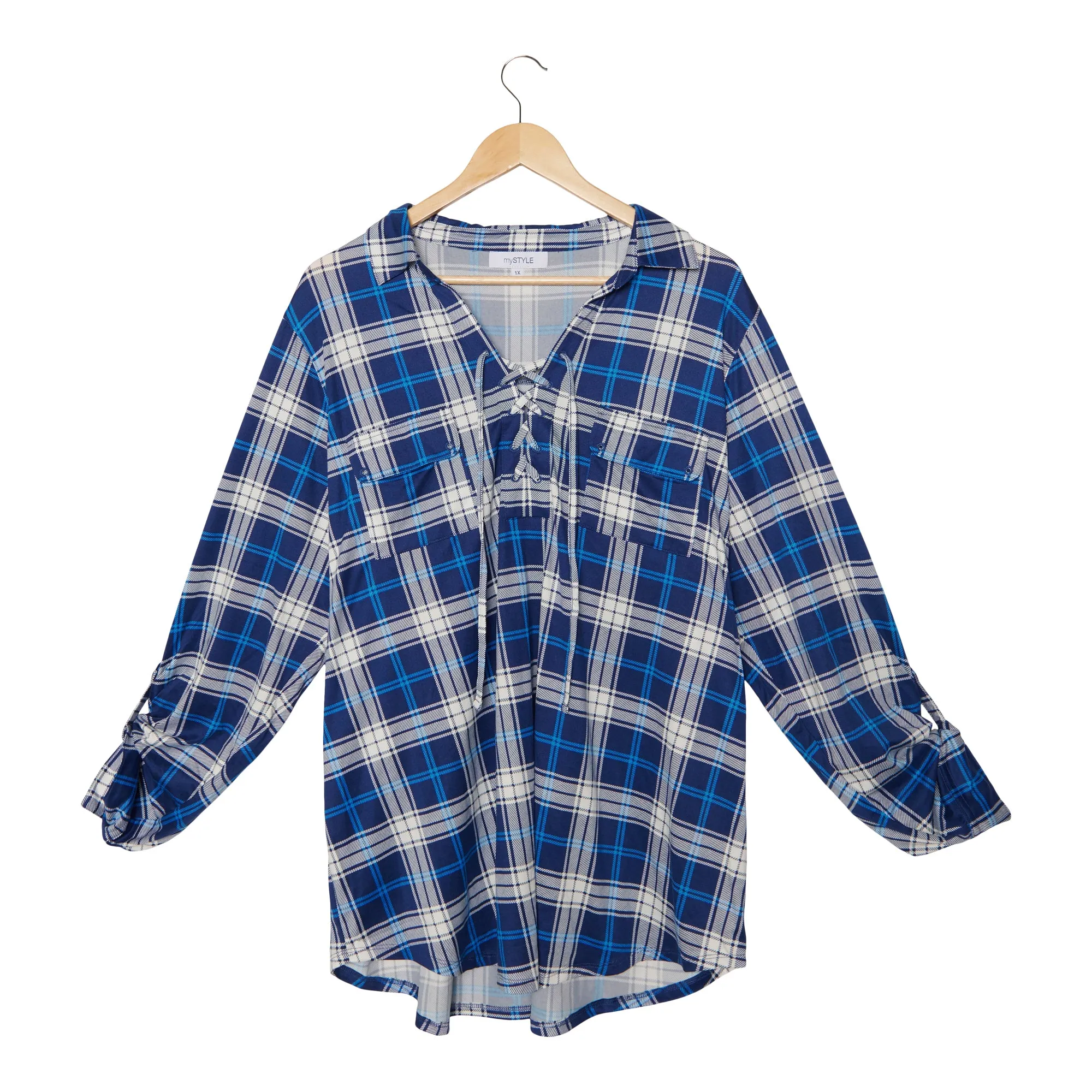mySTYLE Women's Plus Long Sleeve Plaid Lace-Up Top sold by Giant Tiger product image thumbnail 3