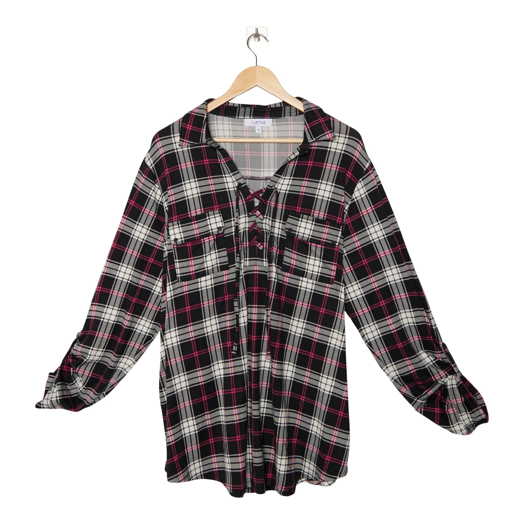 mySTYLE Women's Plus Long Sleeve Plaid Lace-Up Top sold by Giant Tiger product image thumbnail 2