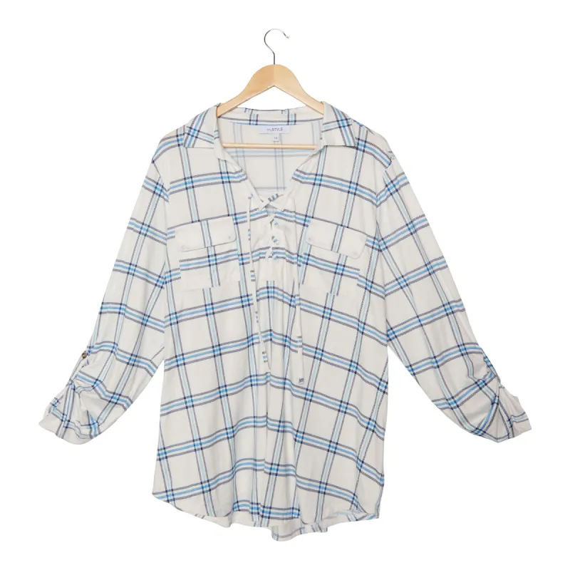 mySTYLE Women's Plus Long Sleeve Plaid Lace-Up Top sold by Giant Tiger