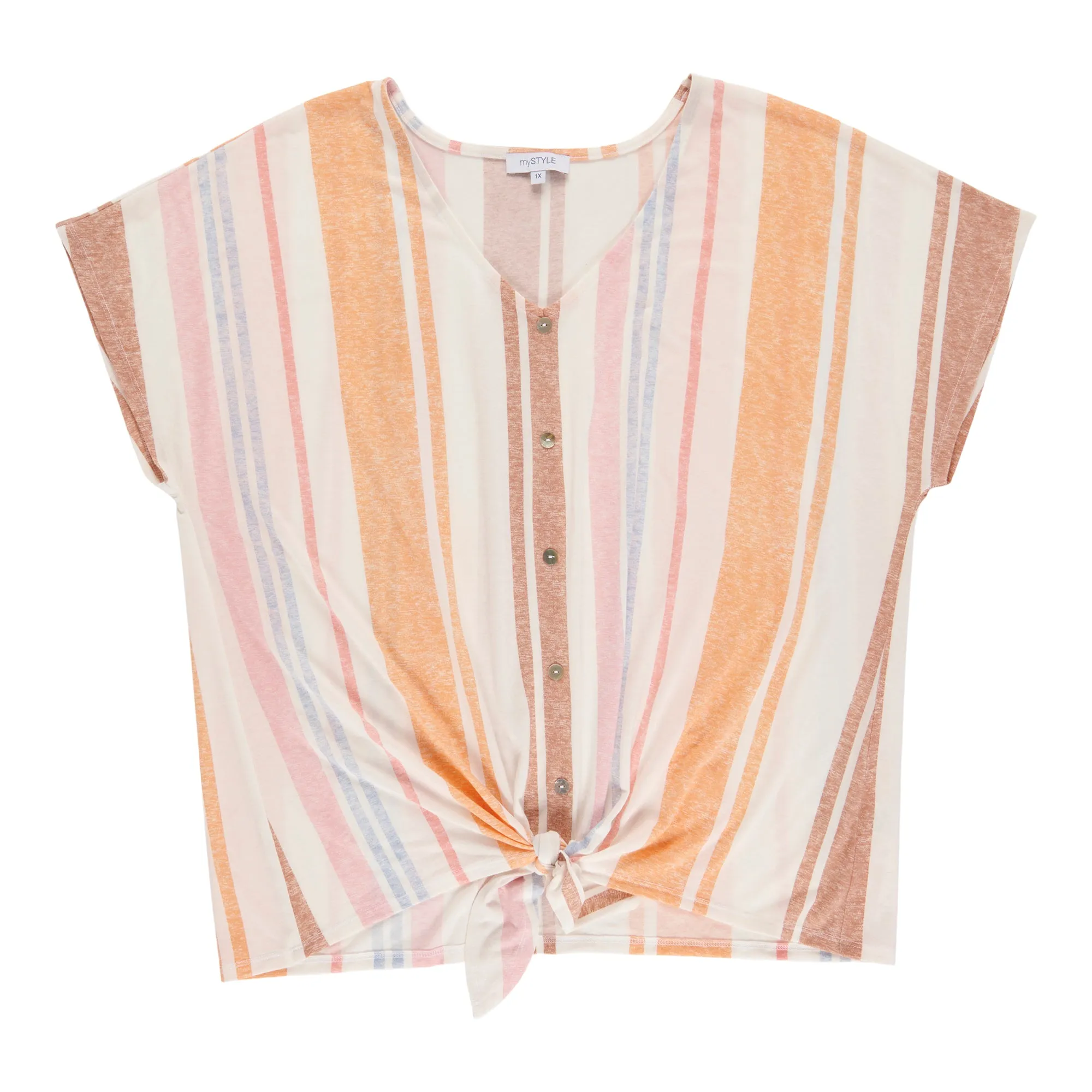 mySTYLE Women's Plus Festival Striped Front Knot Top sold by Giant Tiger