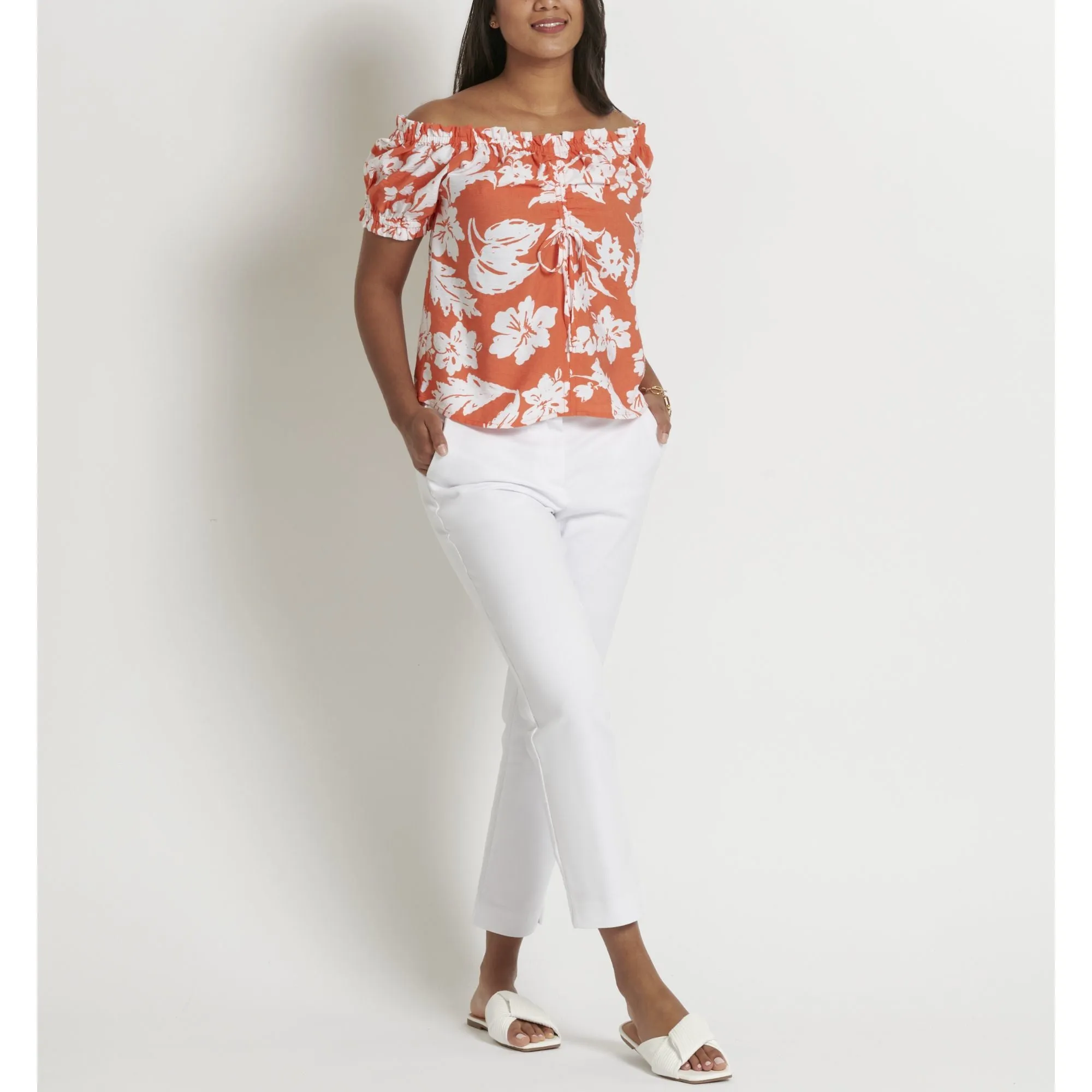 lily morgan Women's Tropical Ruched Off the Shoulder Blouse sold by Giant Tiger product image thumbnail 4