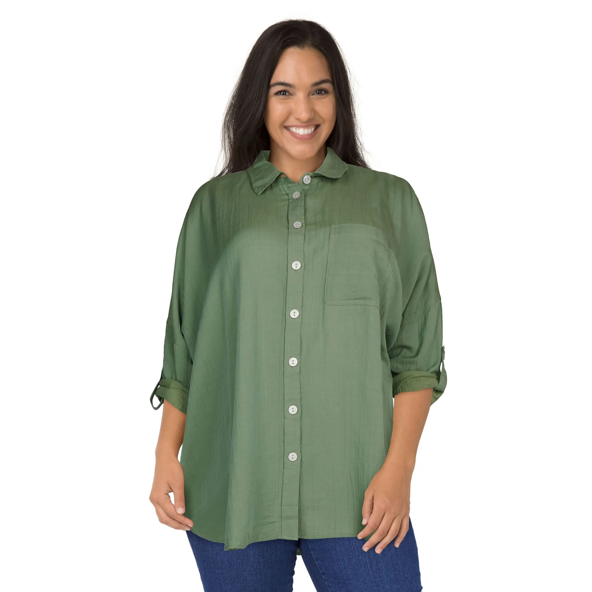 mySTYLE Women's Plus Festival Solid Crinkle Button-Up Shirt sold by Giant Tiger product image thumbnail 3