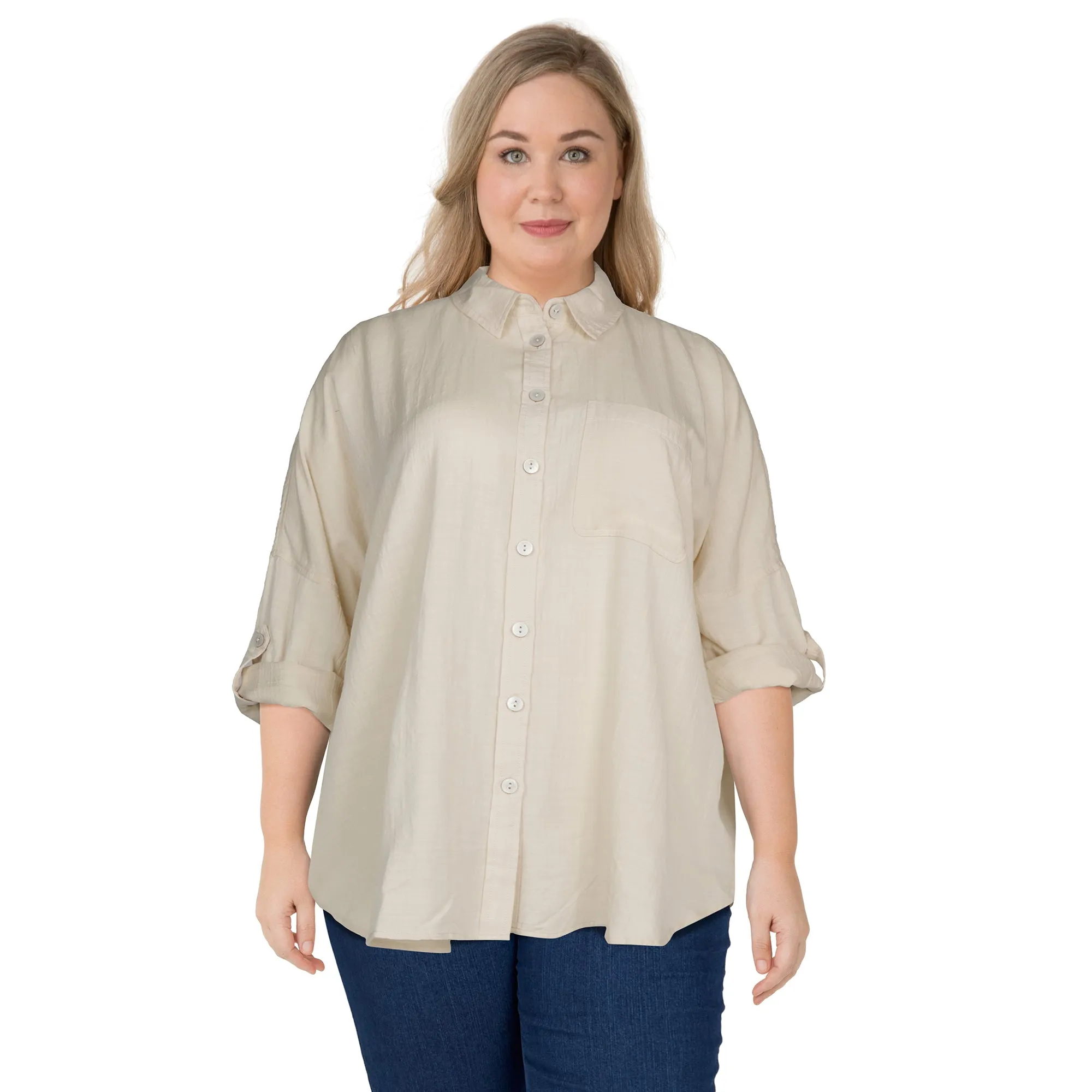 mySTYLE Women's Plus Festival Solid Crinkle Button-Up Shirt sold by Giant Tiger