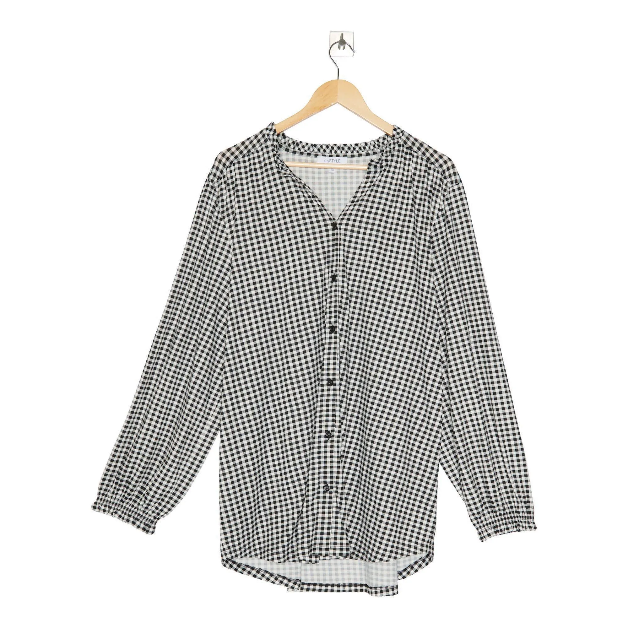 mySTYLE Women's Plus North Country Printed Ruffle Neck Top sold by Giant Tiger