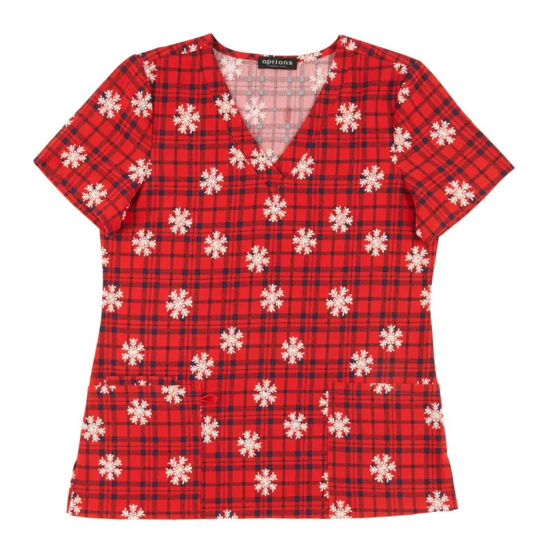 Options Women's Scrub Top with Plaid Snowflakes Print, Red sold by Giant Tiger