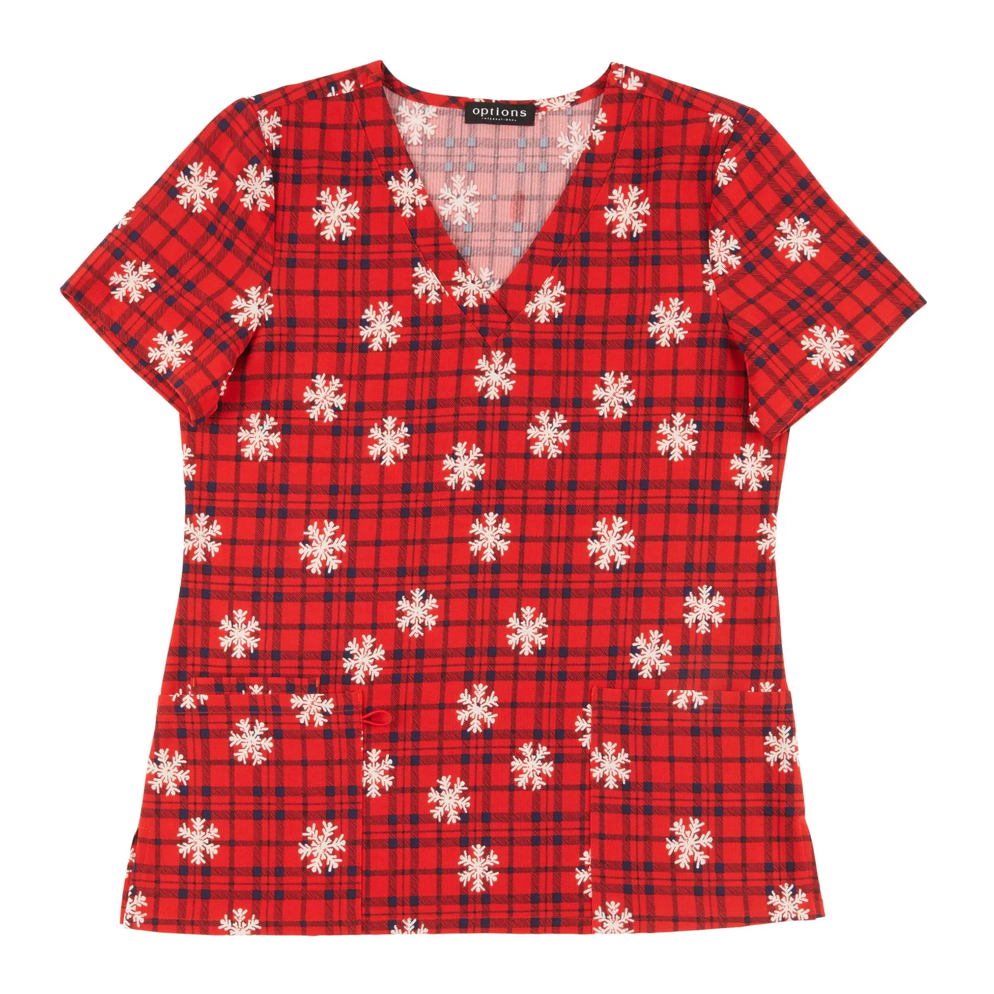 Options Women's Scrub Top with Plaid Snowflakes Print, Red sold by Giant Tiger