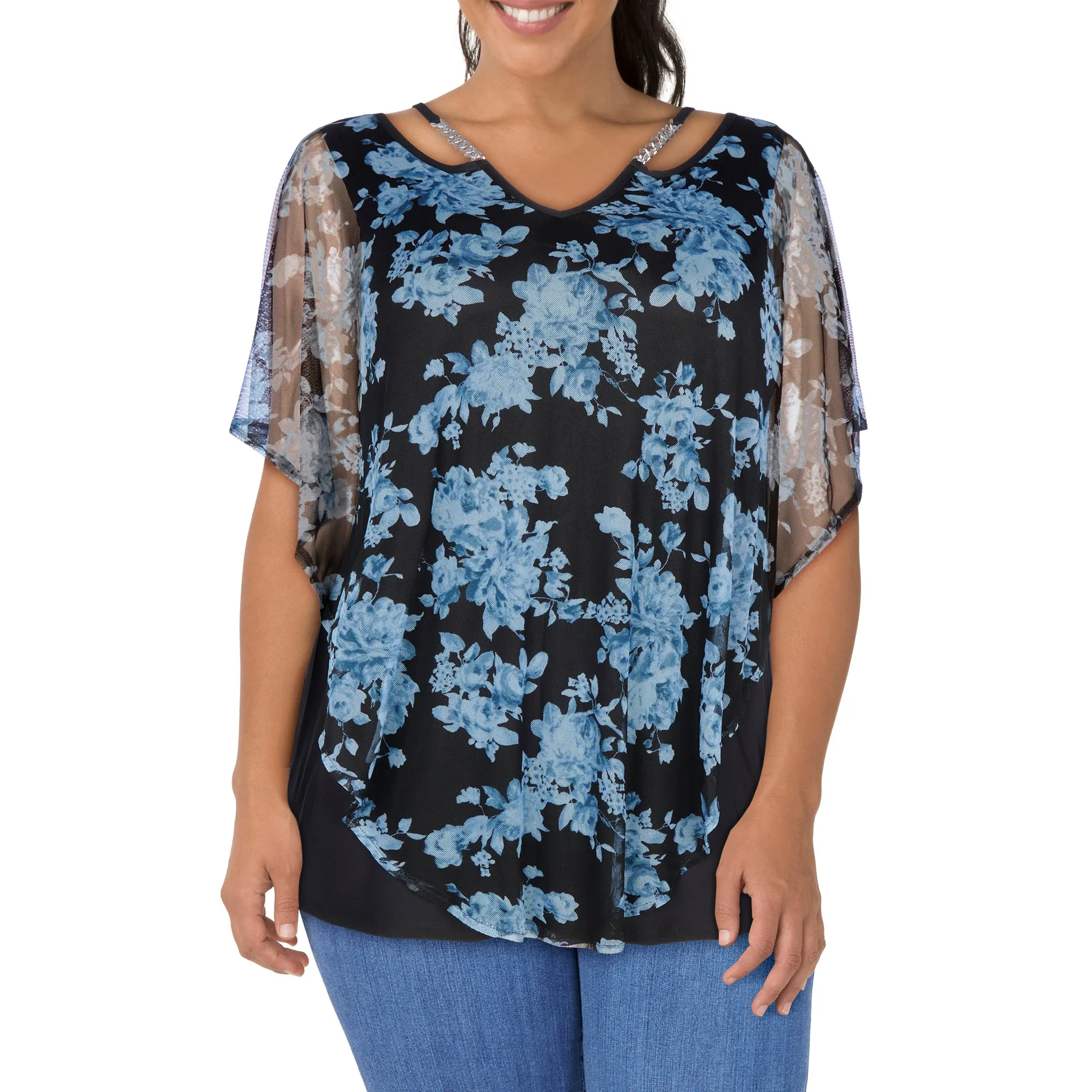 lily morgan Women's Plus Mesh Overlay V-Neck Blouse sold by Giant Tiger