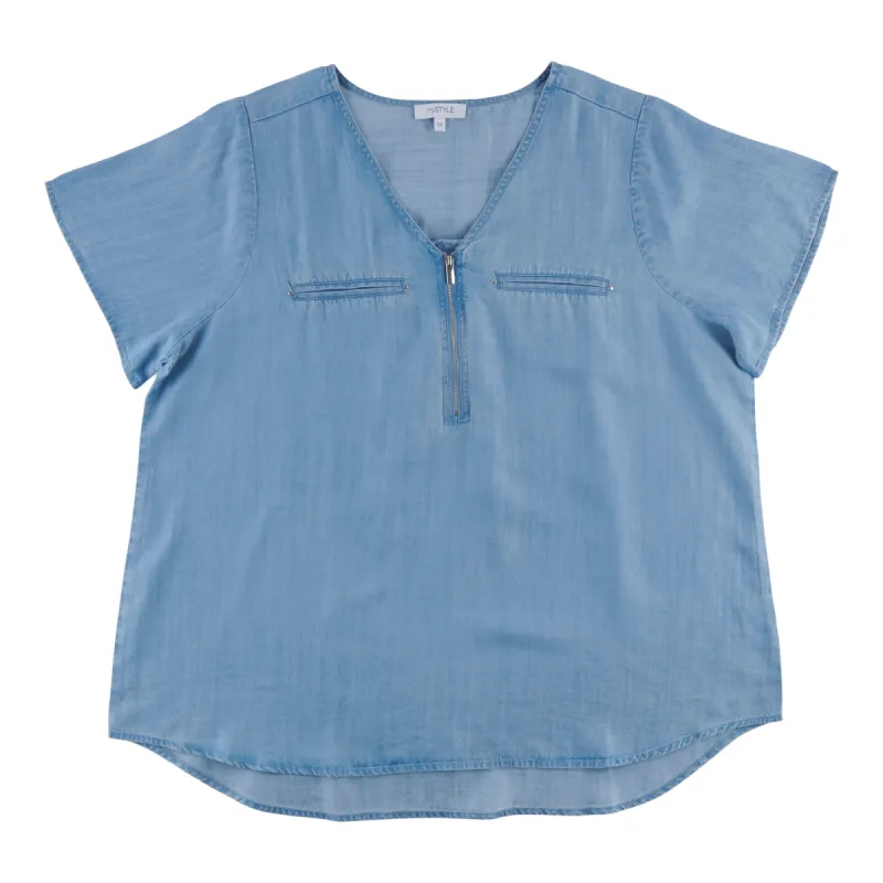mySTYLE Women's Plus V-Neck Zip Denim Shirt sold by Giant Tiger