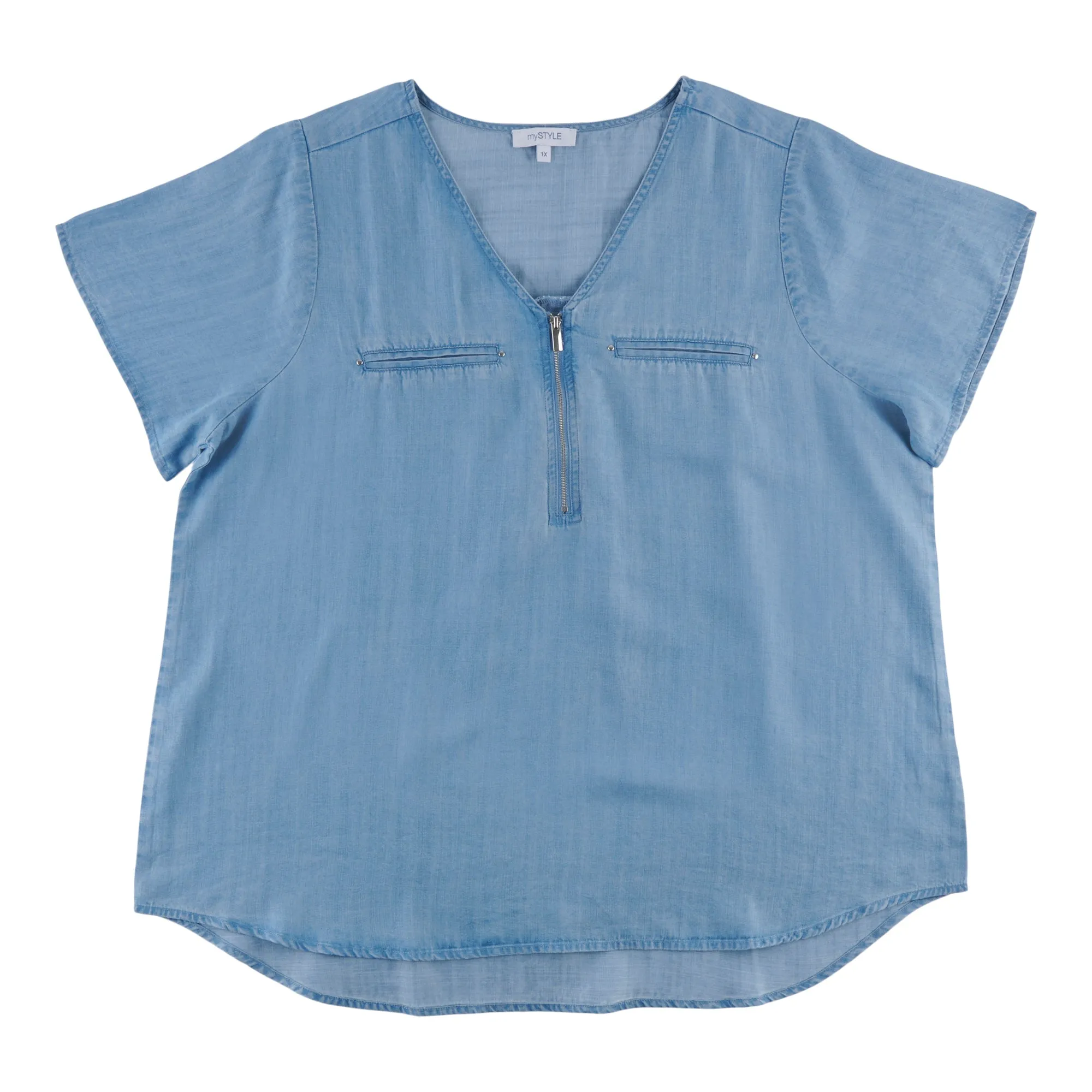 mySTYLE Women's Plus V-Neck Zip Denim Shirt sold by Giant Tiger