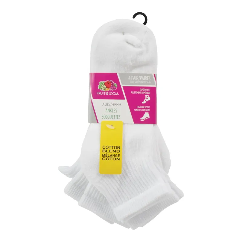 Fruit of the Loom Women's Ankle Socks, 4 to 10, White, 4-Pack made by Fruit of the Loom
