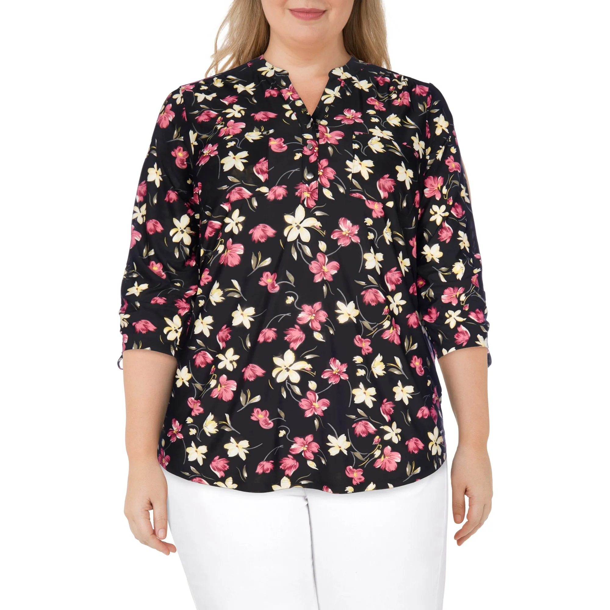 lily morgan Women's Plus Trendsetters Printed Sleeve Tie Top sold by Giant Tiger