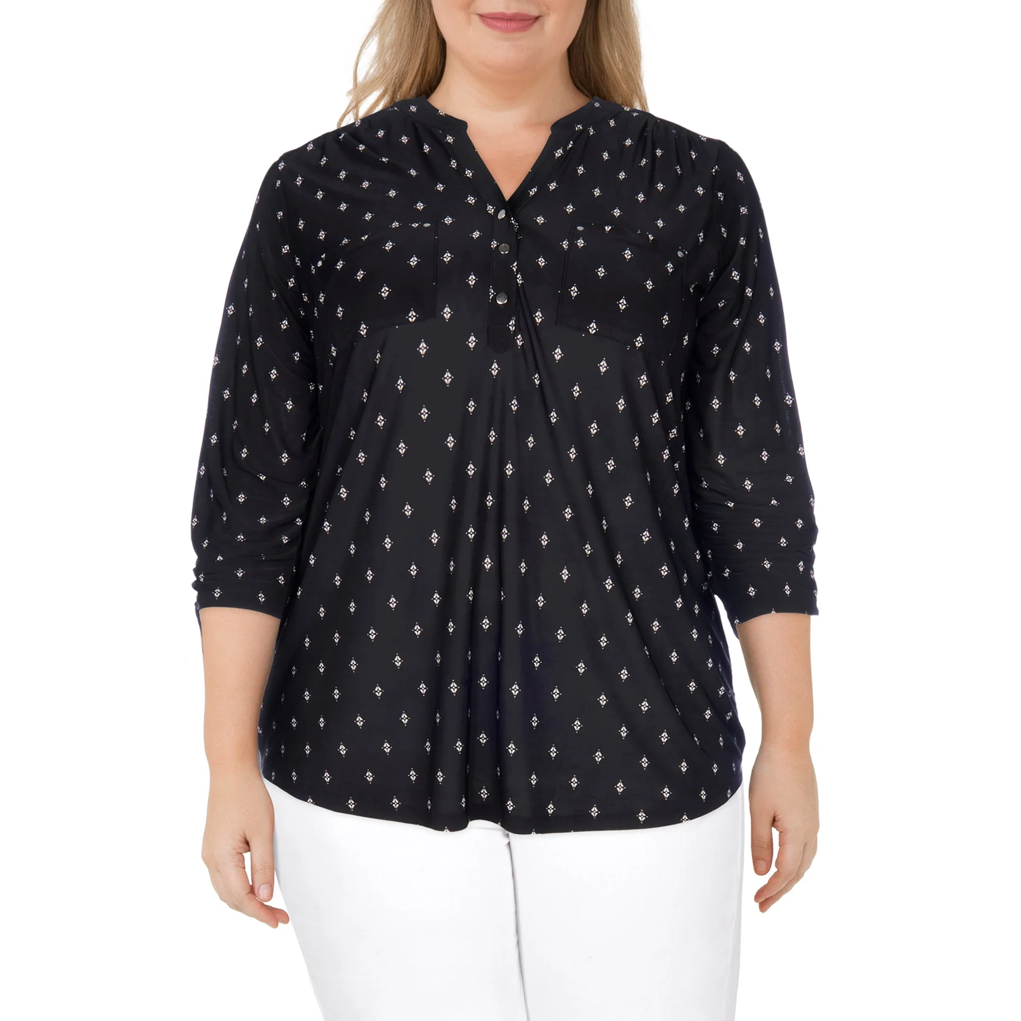 lily morgan Women's Plus Trendsetters Printed Sleeve Tie Top sold by Giant Tiger product image thumbnail 3