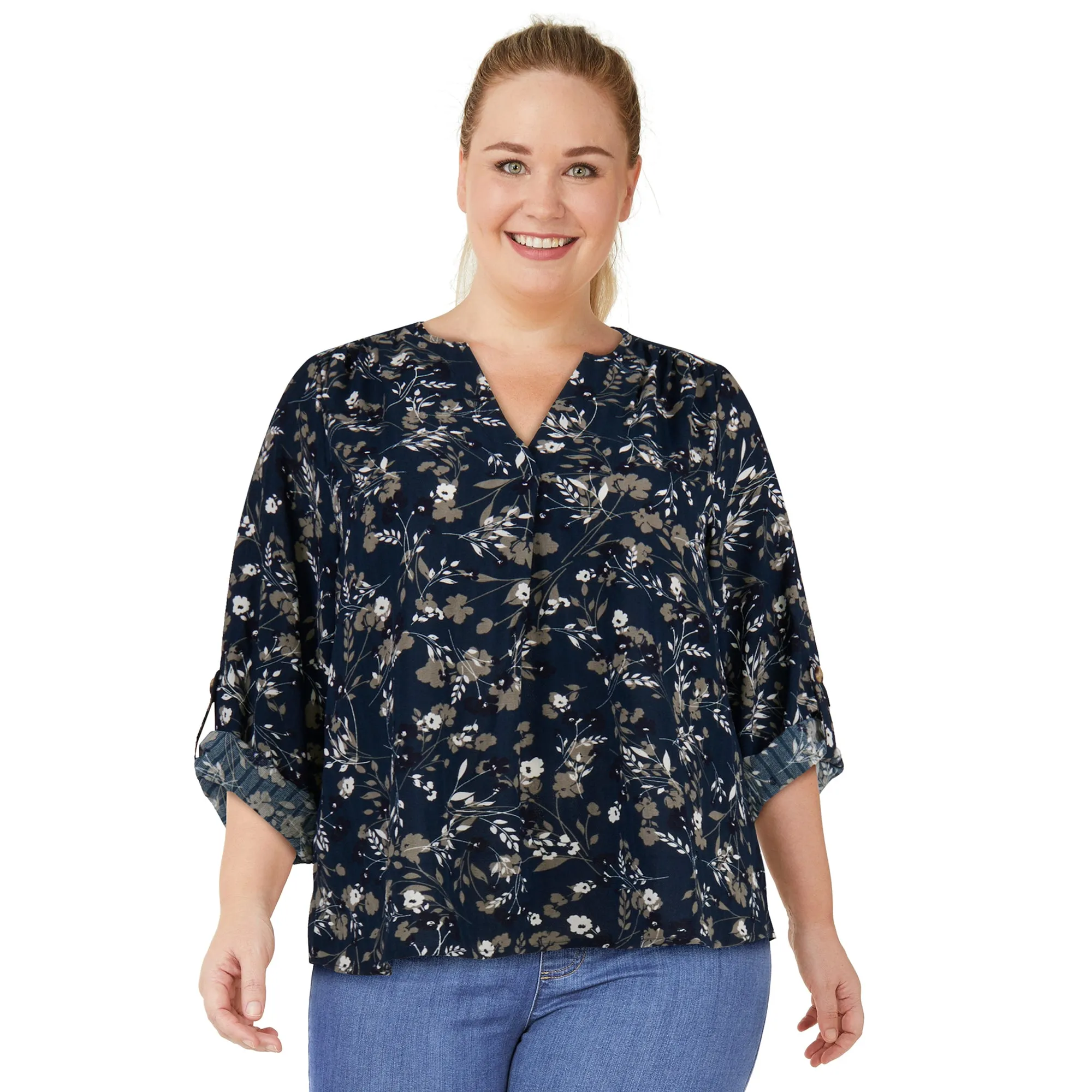 lily morgan Women's Plus V-Neck Roll-Tab Blouse sold by Giant Tiger