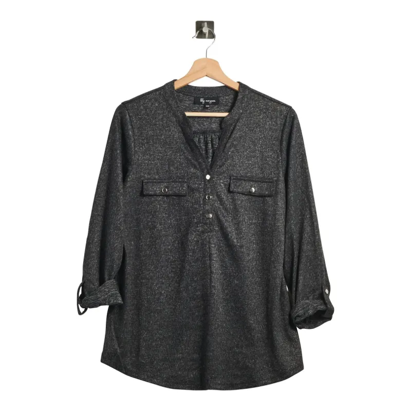 lily morgan Women's 3/4 Sleeve Round Neck Top with 1/4 Button Placket made by Giant Tiger