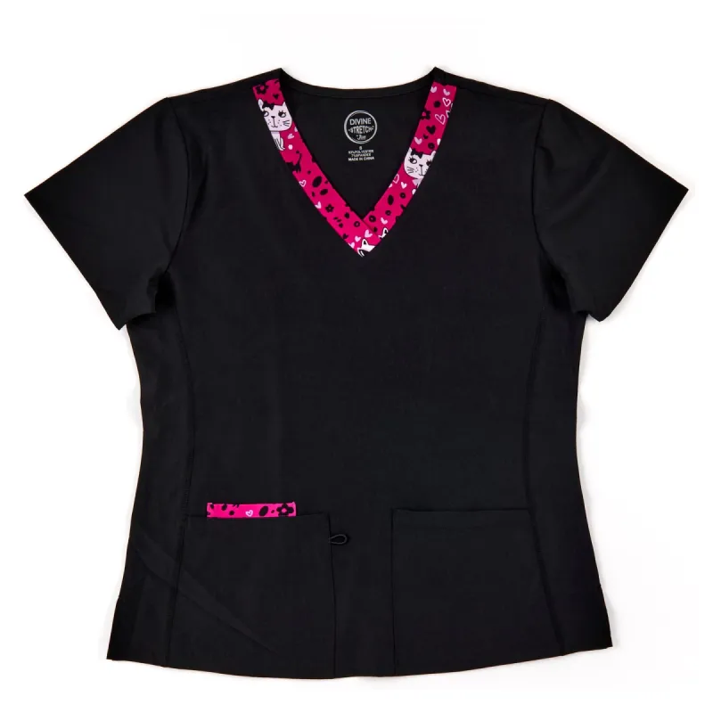 Women's Scrub Top with Cat Trim, Black made by Giant Tiger