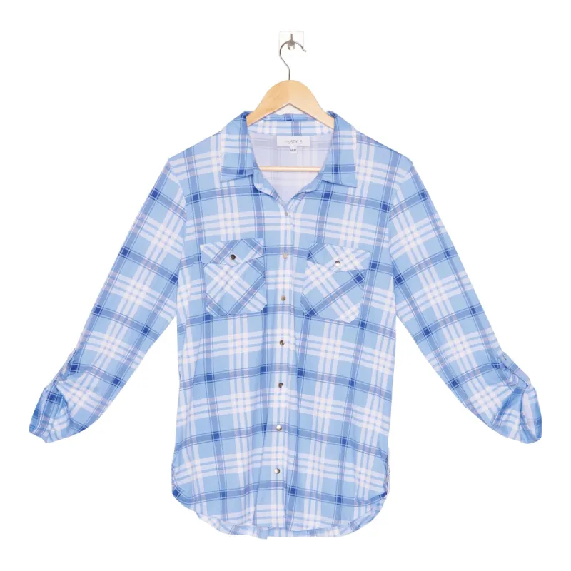 mySTYLE Women's Pretty Casual Plaid Long Roll-Up Sleeve Shirt sold by Giant Tiger