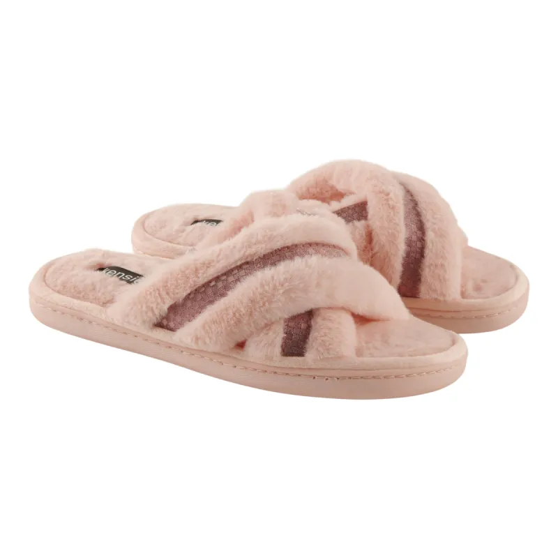 Kensie Plush Faux Fur Cross Strap Slippers sold by Giant Tiger
