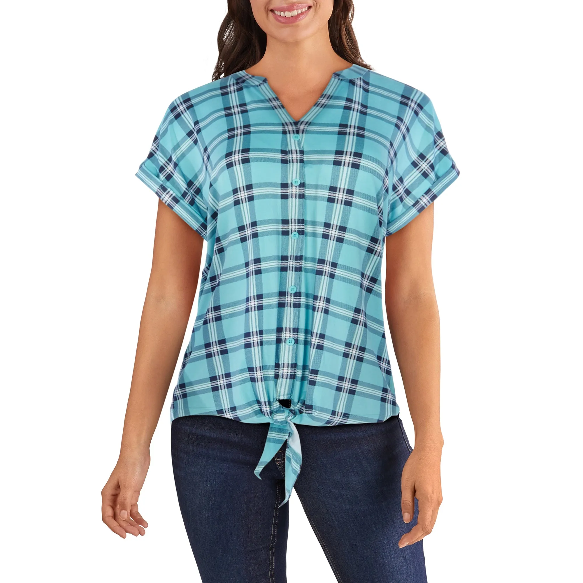 mySTYLE Women's Seaside Plaid Tie Front Top sold by Giant Tiger