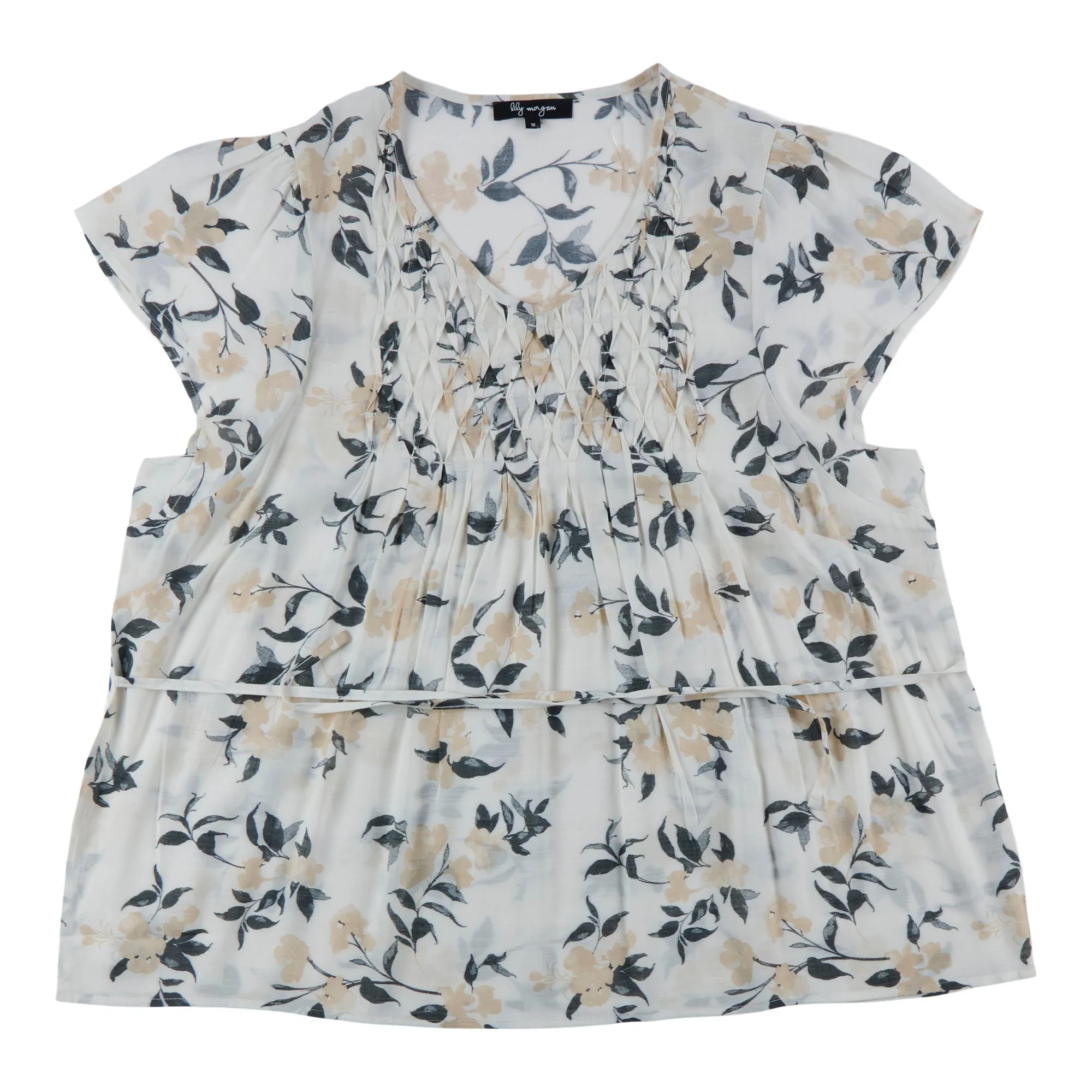 lily morgan Women's Plus Tropical Printed Pintuck Blouse sold by Giant Tiger product image thumbnail 2