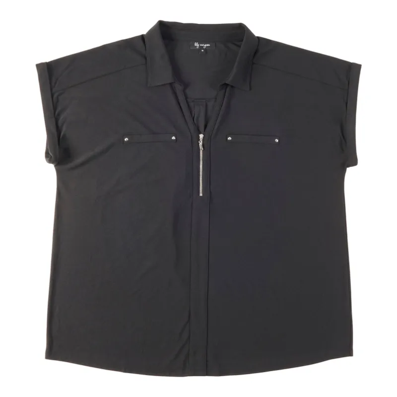 lily morgan Women's Plus Solid Spring Flair Zip Front Top sold by Giant Tiger