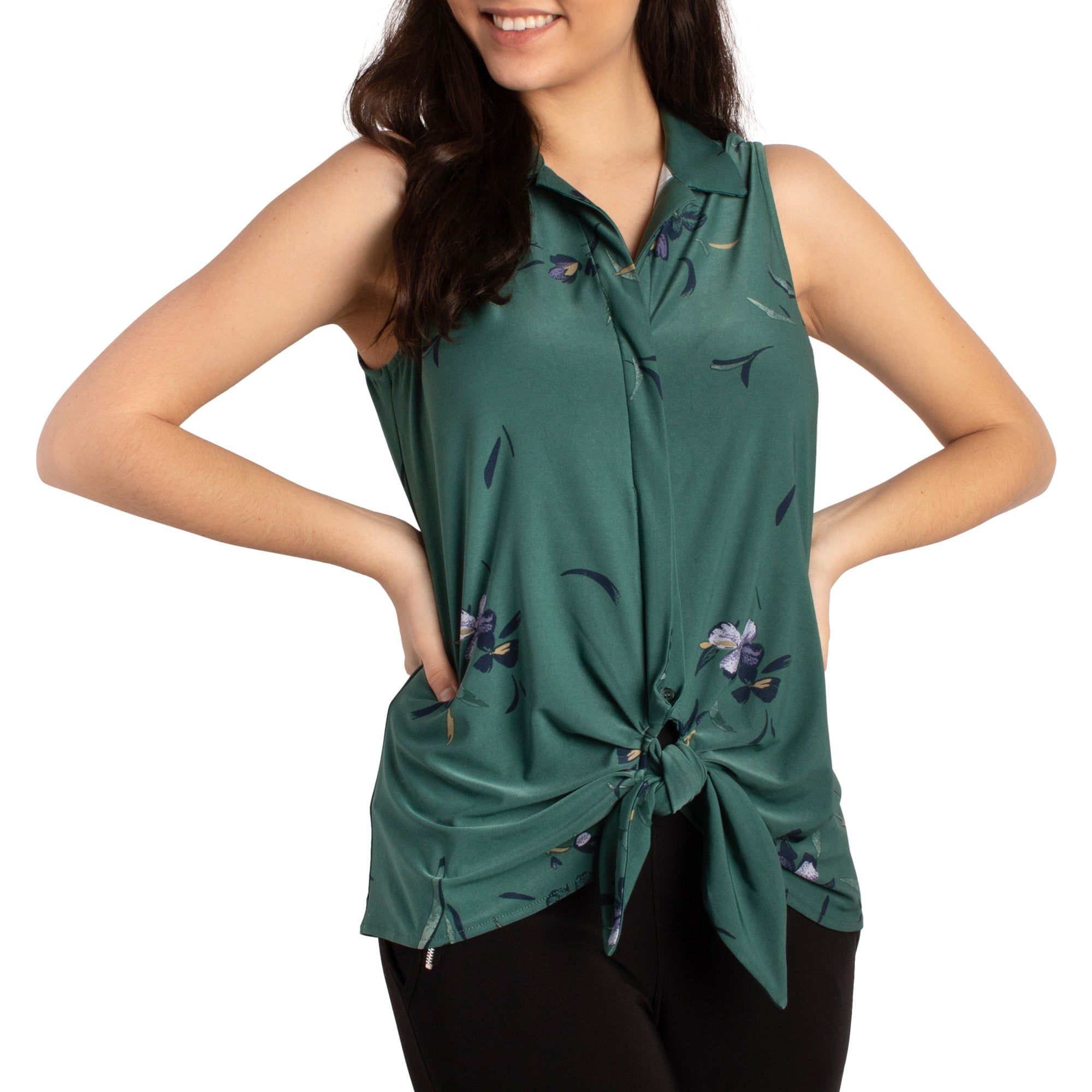 lily morgan Women's Printed Sleeveless Collared Top with Tie Front sold by Giant Tiger