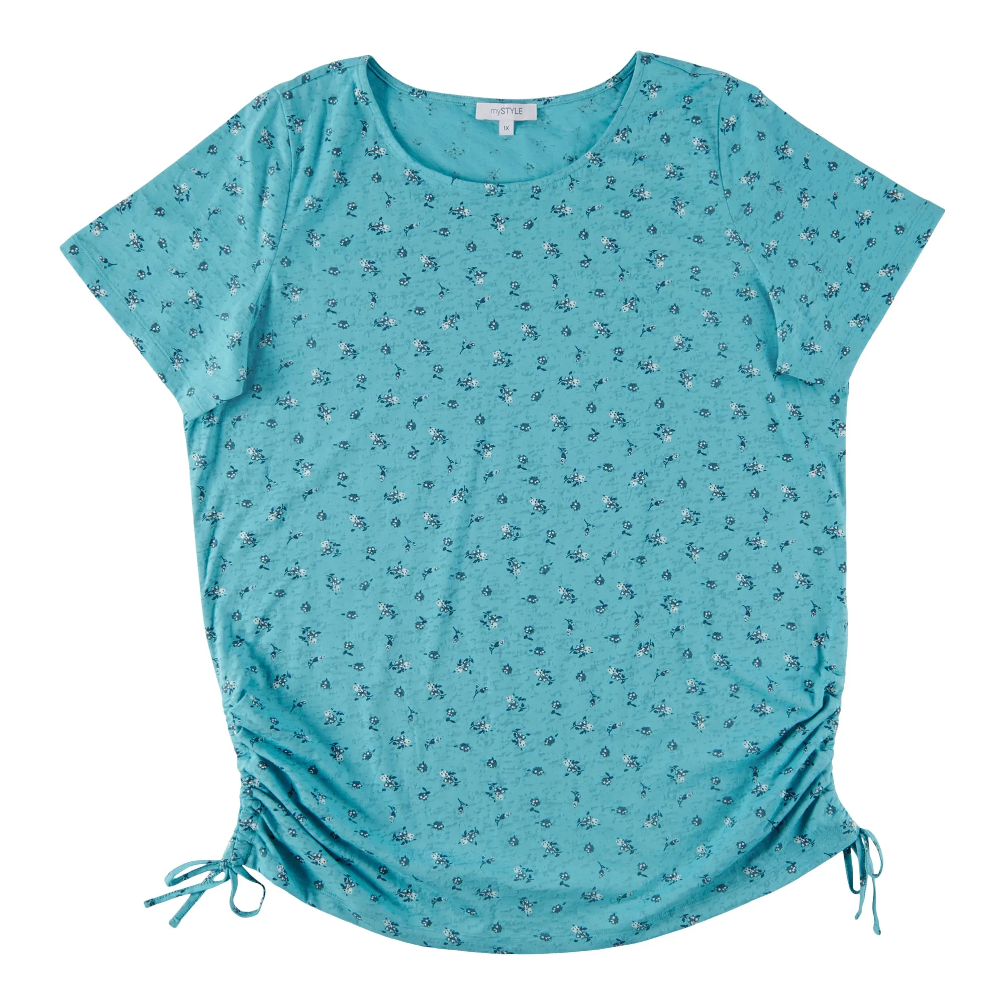 mySTYLE Women's Plus Seaside Burn Out T-Shirt with Ruched Sides sold by Giant Tiger